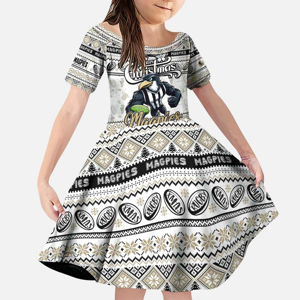 Personalized Magpies Rugby Xmas Kid Short Sleeve Dress Australia AFL Mascot