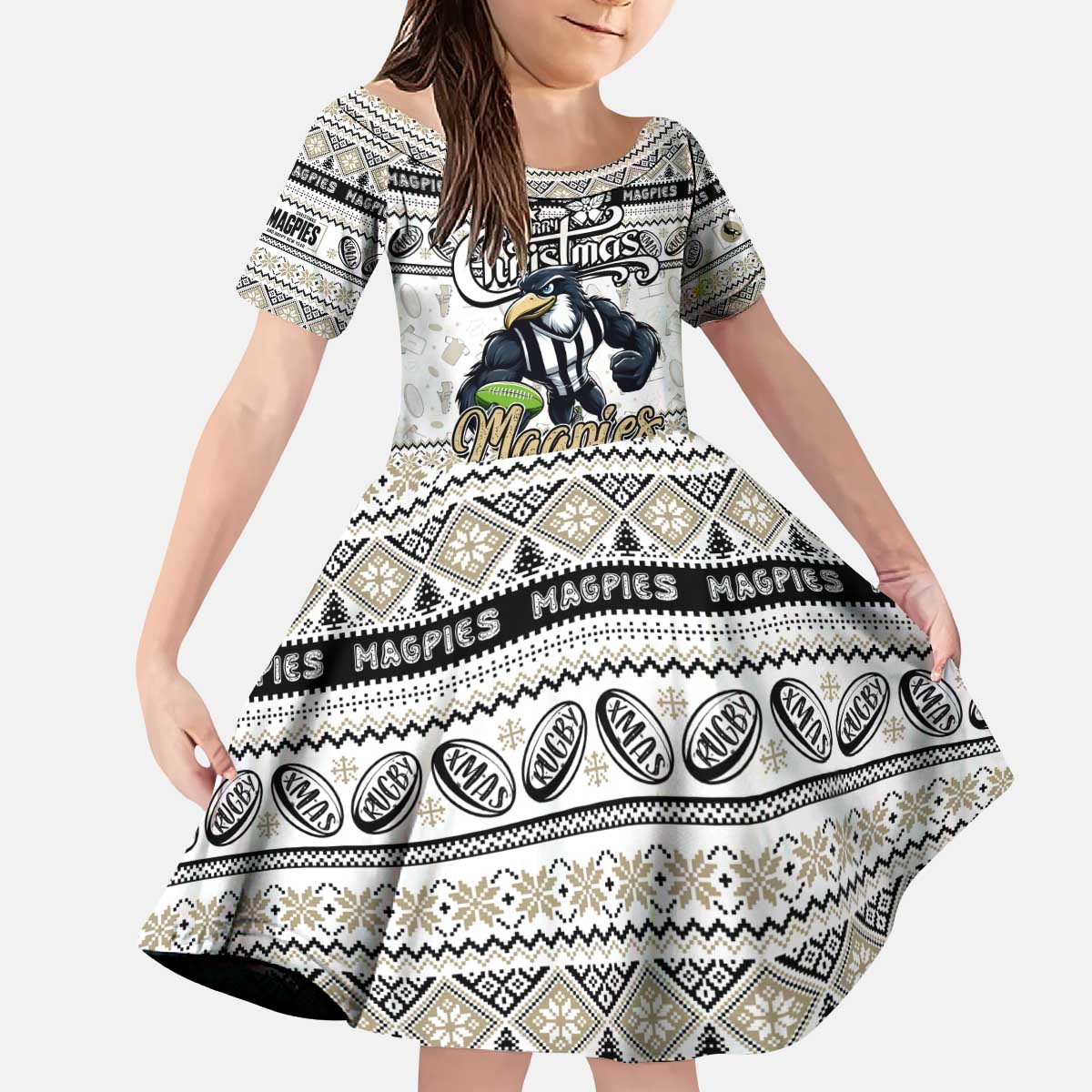 Personalized Magpies Rugby Xmas Kid Short Sleeve Dress Australia AFL Mascot