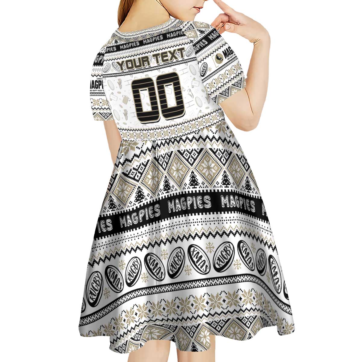 Personalized Magpies Rugby Xmas Kid Short Sleeve Dress Australia AFL Mascot