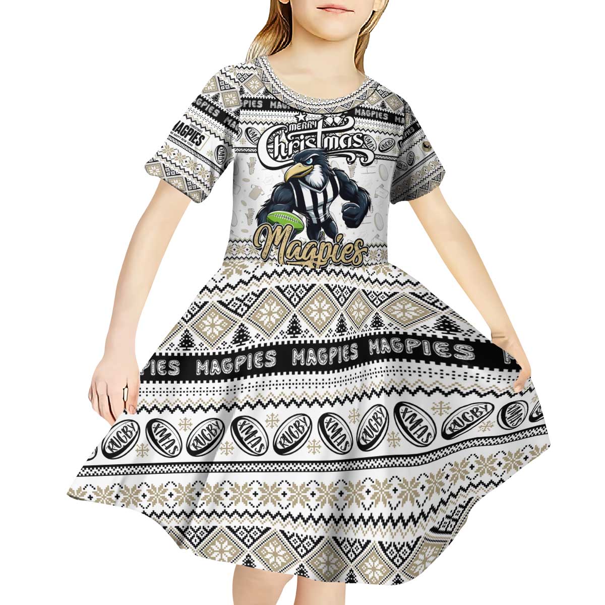 Personalized Magpies Rugby Xmas Kid Short Sleeve Dress Australia AFL Mascot
