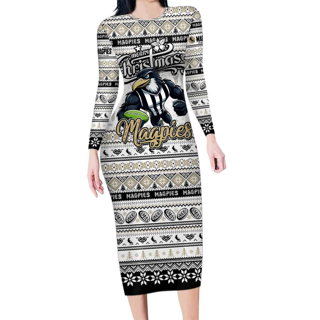 Personalized Magpies Rugby Xmas Long Sleeve Bodycon Dress Australia AFL Mascot
