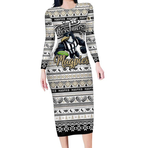 Personalized Magpies Rugby Xmas Long Sleeve Bodycon Dress Australia AFL Mascot