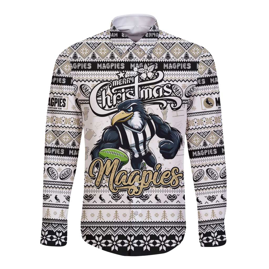 Personalized Magpies Rugby Xmas Long Sleeve Button Shirt Australia AFL Mascot
