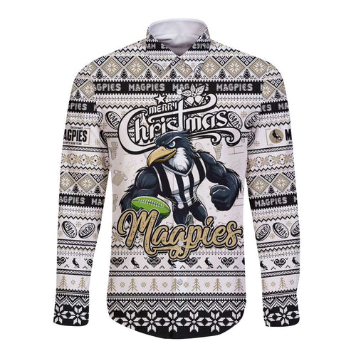 Personalized Magpies Rugby Xmas Long Sleeve Button Shirt Australia AFL Mascot