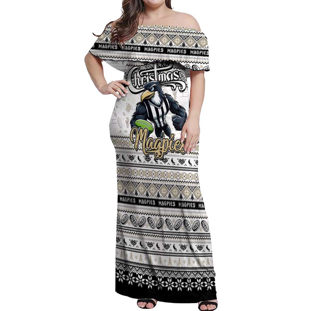 Personalized Magpies Rugby Xmas Off Shoulder Maxi Dress Australia AFL Mascot