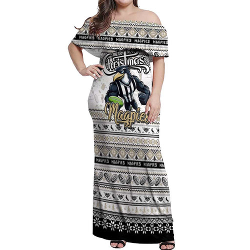 Personalized Magpies Rugby Xmas Off Shoulder Maxi Dress Australia AFL Mascot