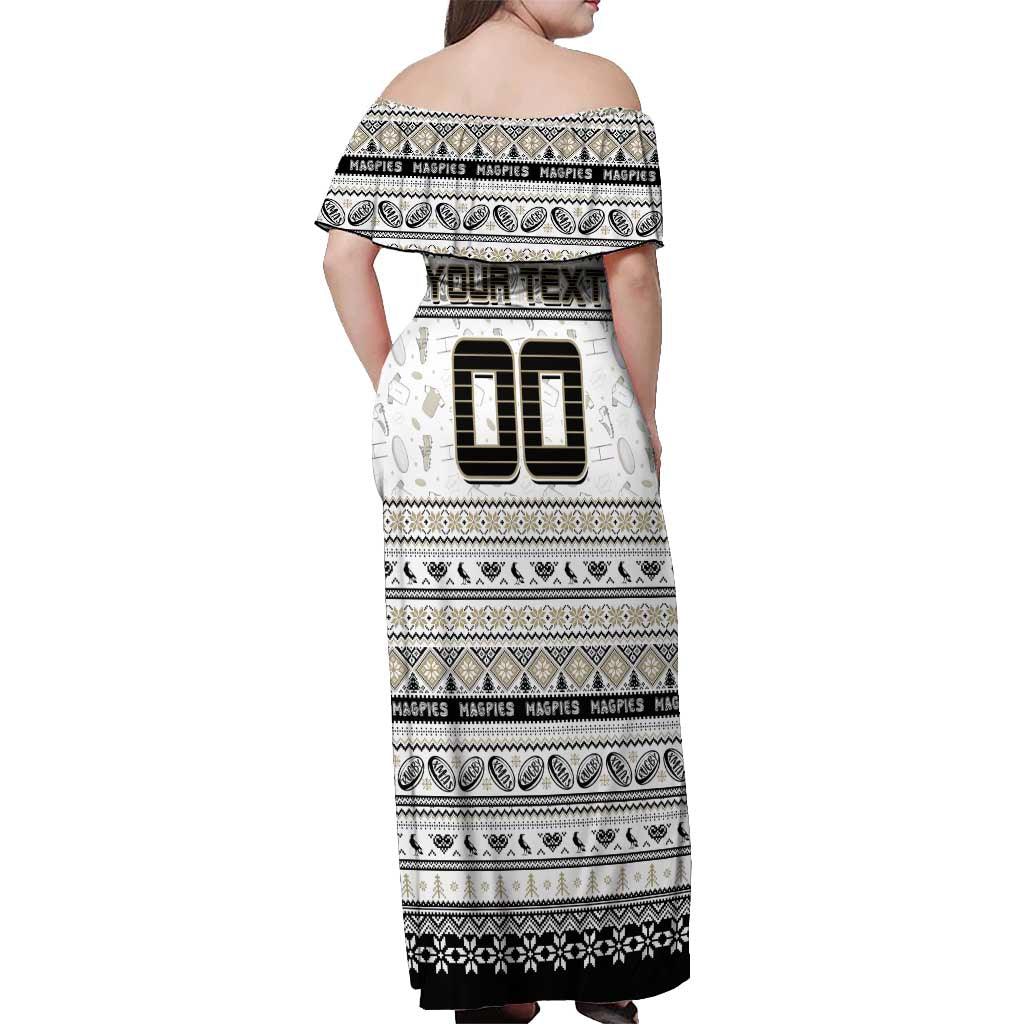 Personalized Magpies Rugby Xmas Off Shoulder Maxi Dress Australia AFL Mascot