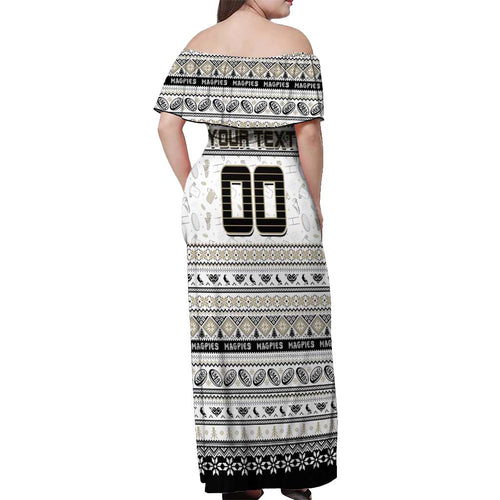 Personalized Magpies Rugby Xmas Off Shoulder Maxi Dress Australia AFL Mascot