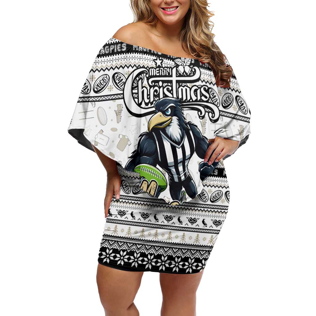 Personalized Magpies Rugby Xmas Off Shoulder Short Dress Australia AFL Mascot