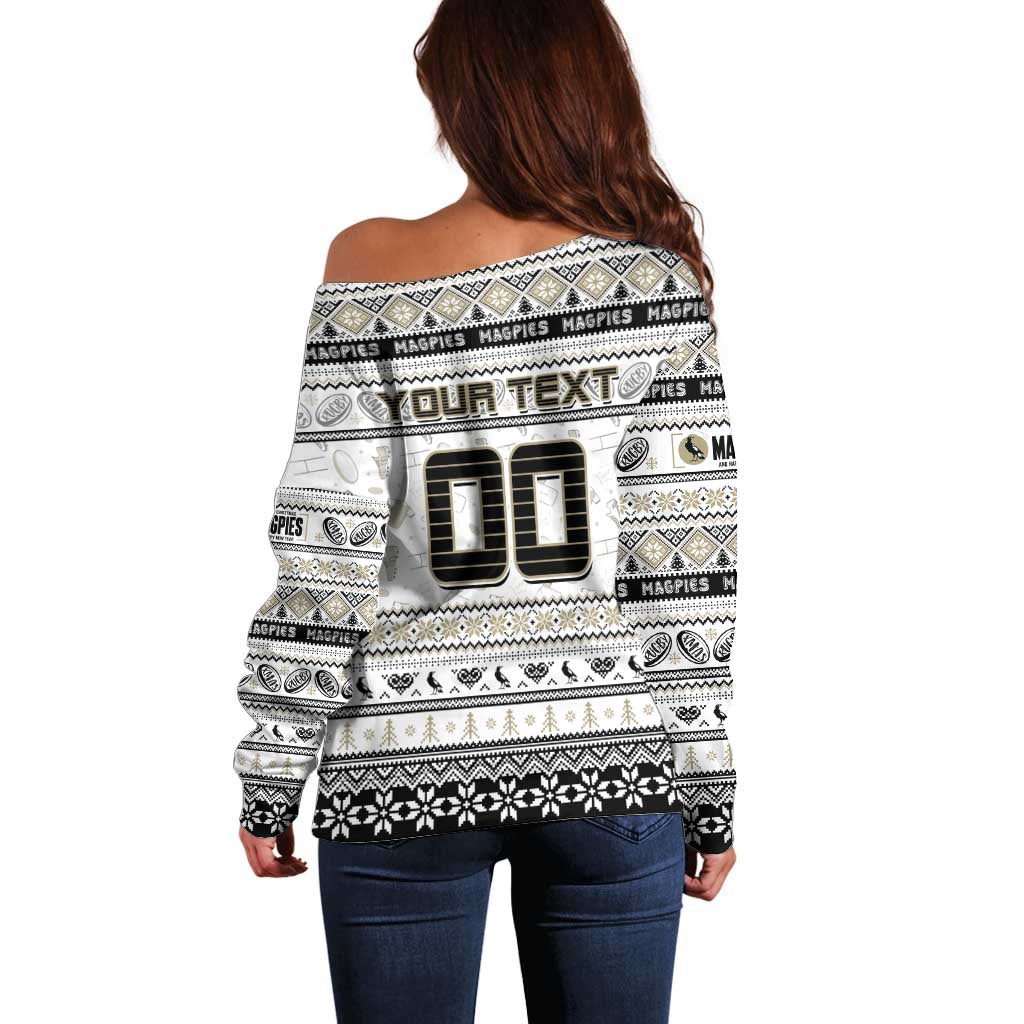 Personalized Magpies Rugby Xmas Off Shoulder Sweater Australia AFL Mascot