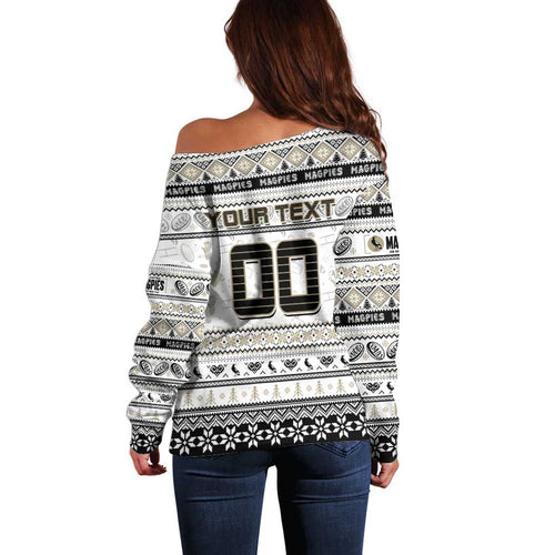 Personalized Magpies Rugby Xmas Off Shoulder Sweater Australia AFL Mascot