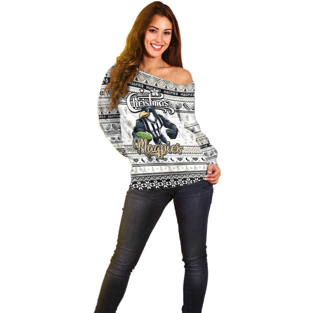 Personalized Magpies Rugby Xmas Off Shoulder Sweater Australia AFL Mascot