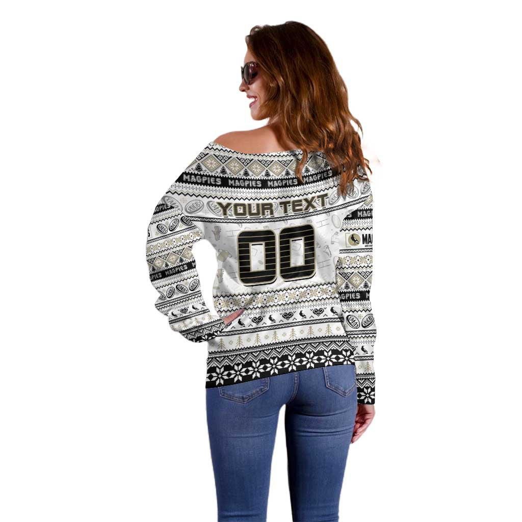 Personalized Magpies Rugby Xmas Off Shoulder Sweater Australia AFL Mascot
