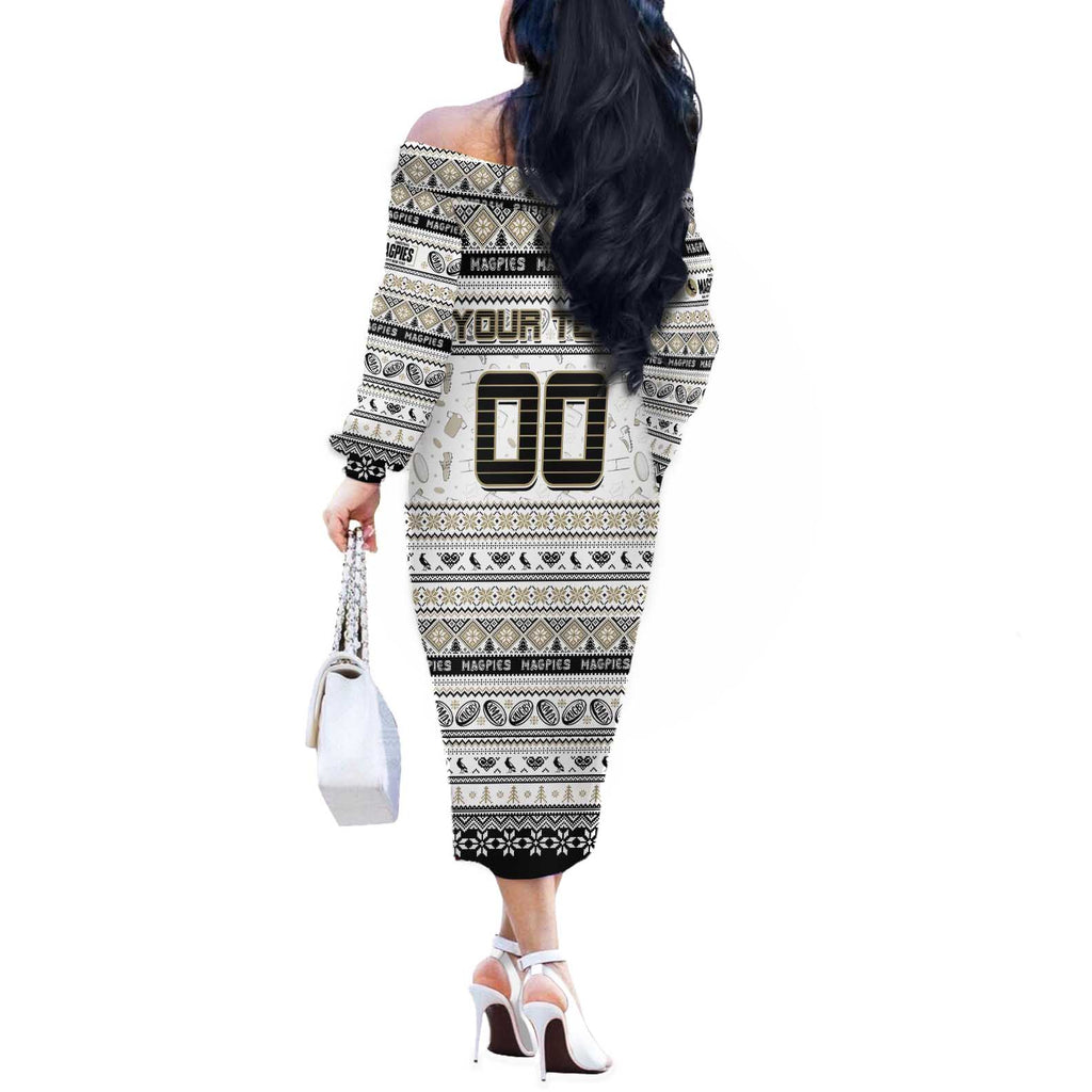 Personalized Magpies Rugby Xmas Off The Shoulder Long Sleeve Dress Australia AFL Mascot