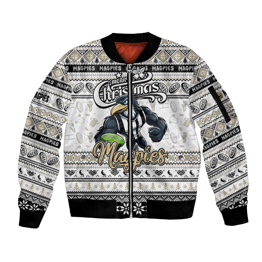 Personalized Magpies Rugby Xmas Sleeve Zip Bomber Jacket Australia AFL Mascot