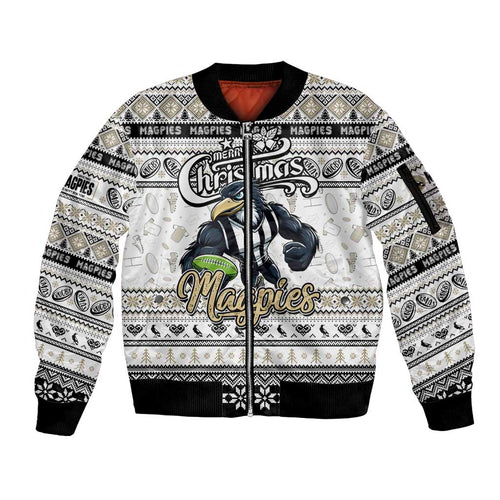 Personalized Magpies Rugby Xmas Sleeve Zip Bomber Jacket Australia AFL Mascot