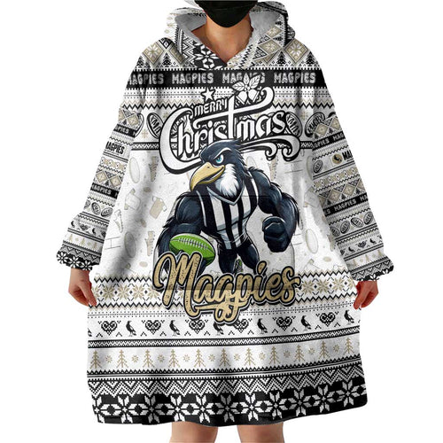 Personalized Magpies Rugby Xmas Wearable Blanket Hoodie Australia AFL Mascot