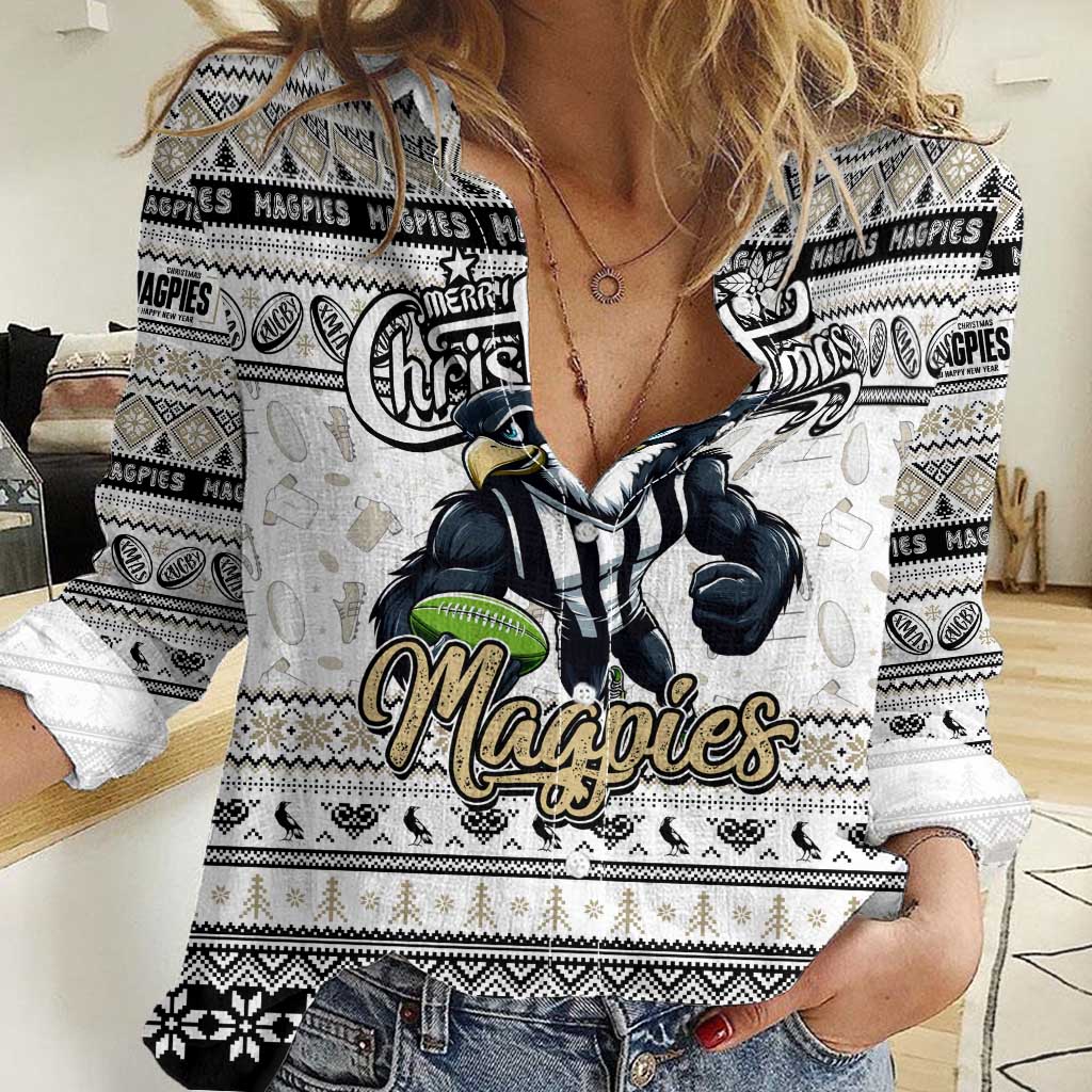 Personalized Magpies Rugby Xmas Women Casual Shirt Australia AFL Mascot