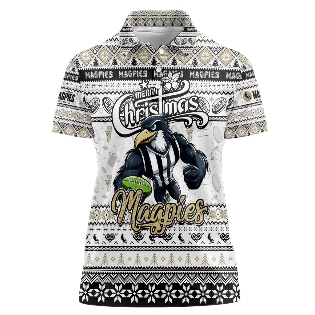 Personalized Magpies Rugby Xmas Women Polo Shirt Australia AFL Mascot