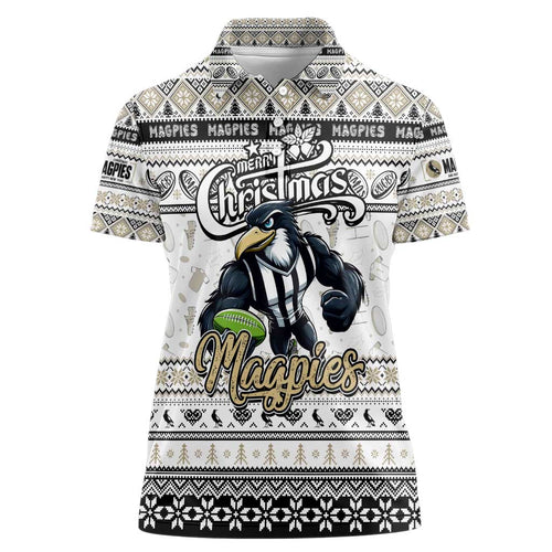 Personalized Magpies Rugby Xmas Women Polo Shirt Australia AFL Mascot