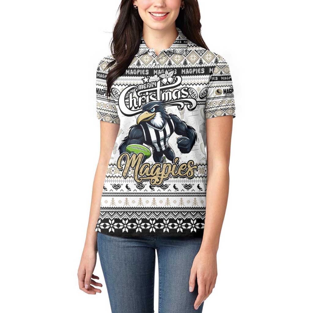 Personalized Magpies Rugby Xmas Women Polo Shirt Australia AFL Mascot