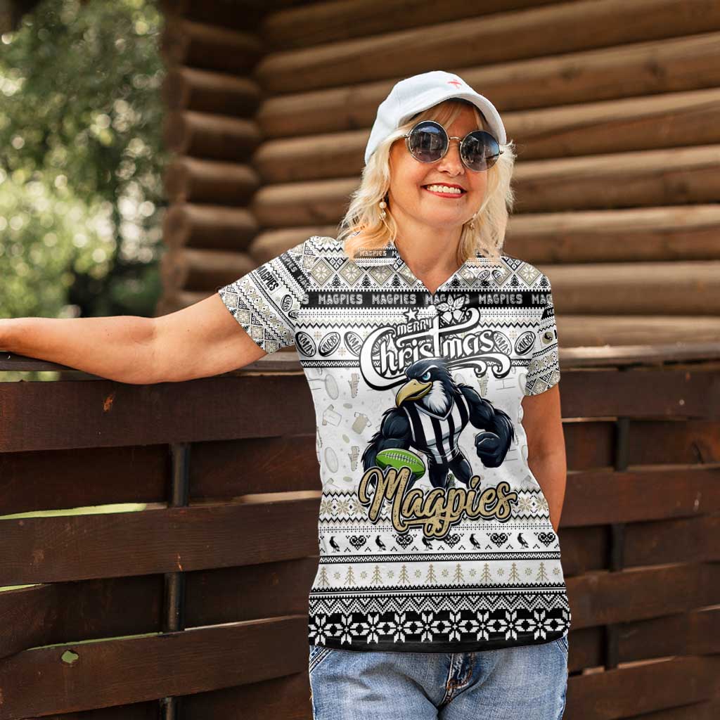 Personalized Magpies Rugby Xmas Women Polo Shirt Australia AFL Mascot
