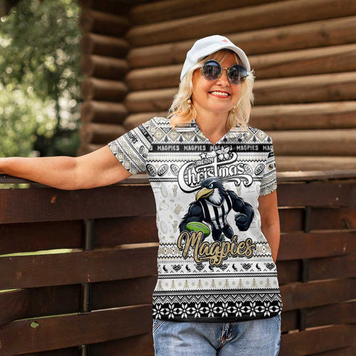 Personalized Magpies Rugby Xmas Women Polo Shirt Australia AFL Mascot
