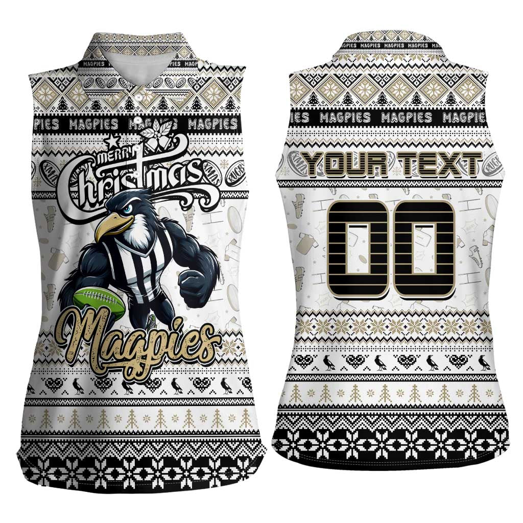 Personalized Magpies Rugby Xmas Women Sleeveless Polo Shirt Australia AFL Mascot