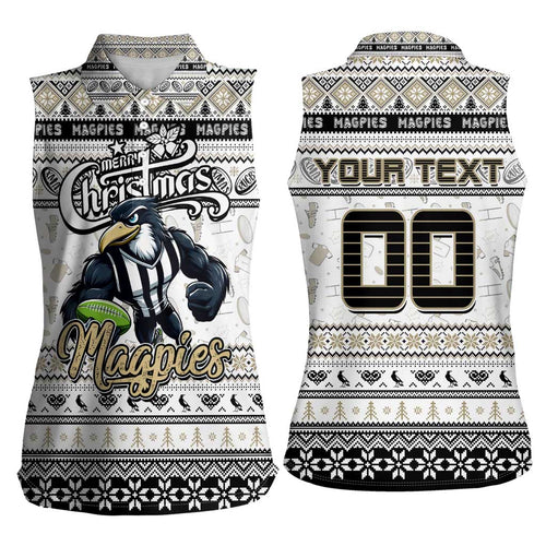 Personalized Magpies Rugby Xmas Women Sleeveless Polo Shirt Australia AFL Mascot