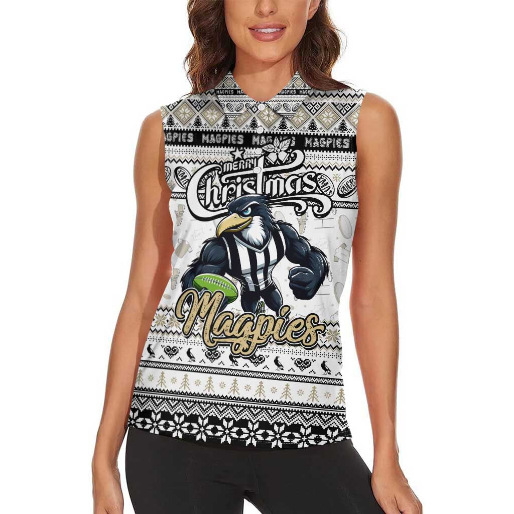 Personalized Magpies Rugby Xmas Women Sleeveless Polo Shirt Australia AFL Mascot