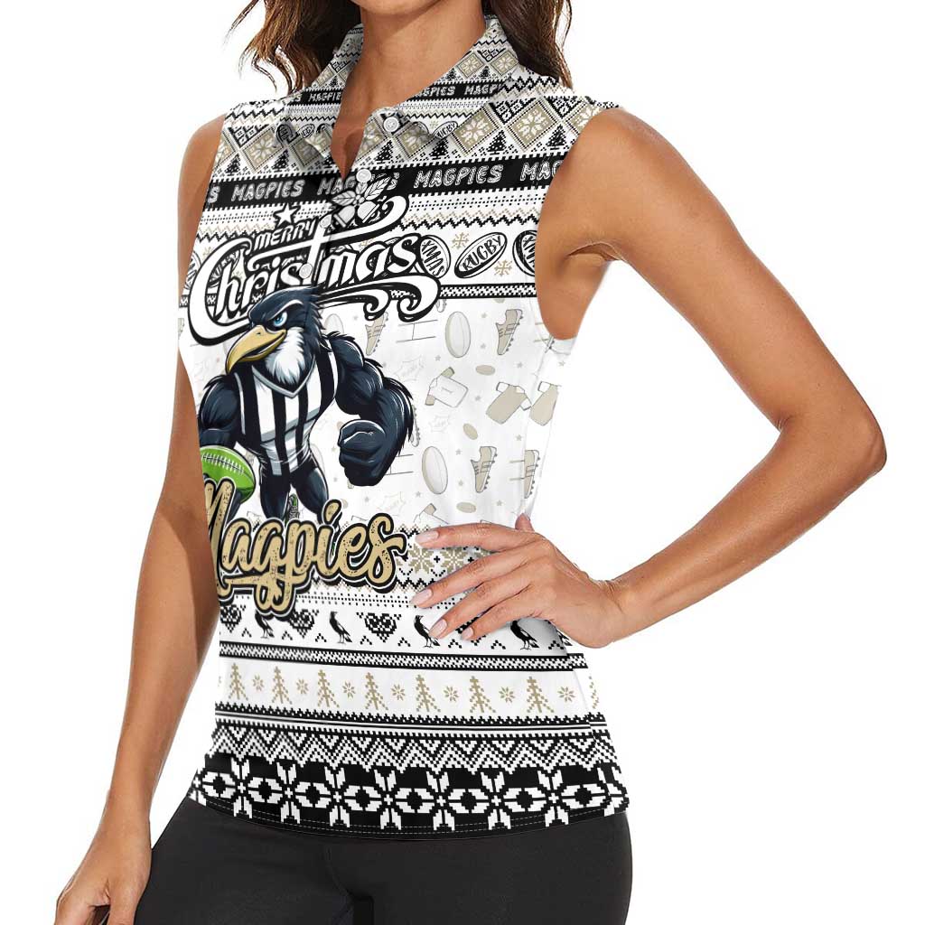 Personalized Magpies Rugby Xmas Women Sleeveless Polo Shirt Australia AFL Mascot