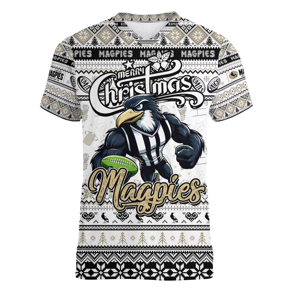 Personalized Magpies Rugby Xmas Women V-Neck T-Shirt Australia AFL Mascot