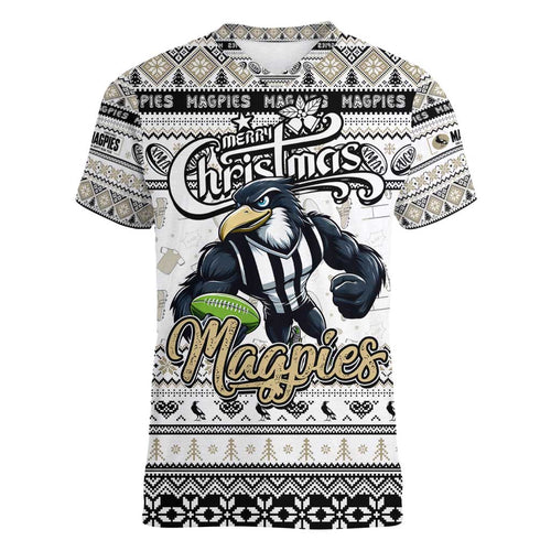 Personalized Magpies Rugby Xmas Women V-Neck T-Shirt Australia AFL Mascot