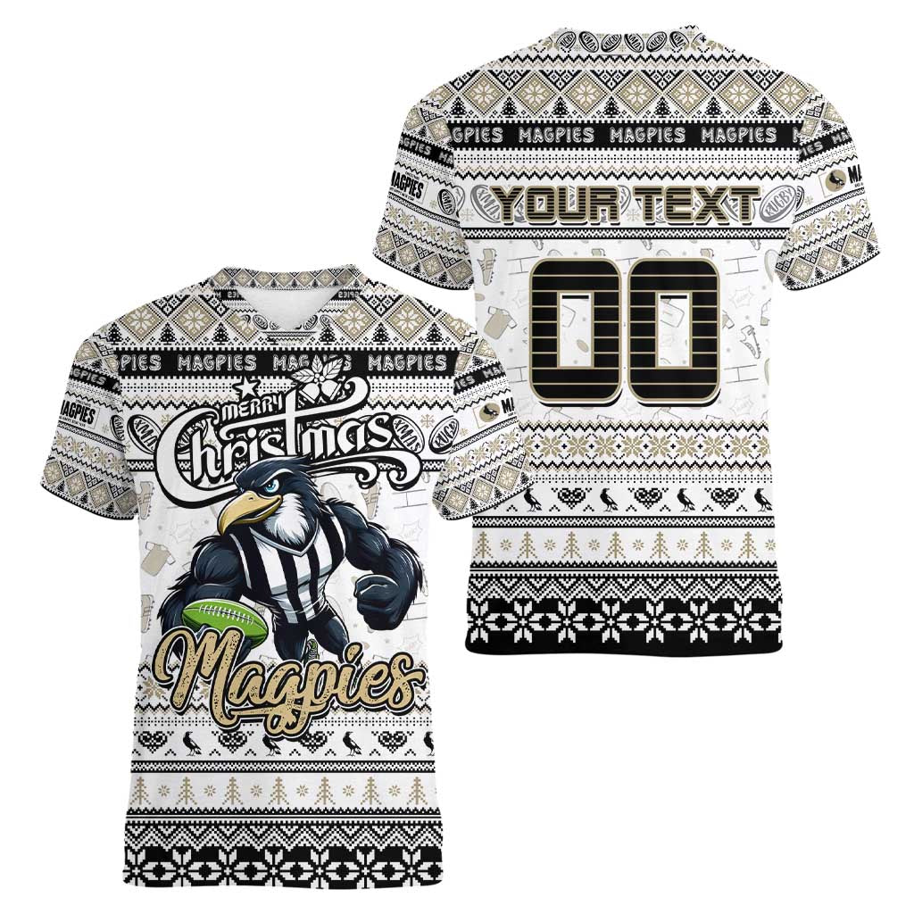 Personalized Magpies Rugby Xmas Women V-Neck T-Shirt Australia AFL Mascot