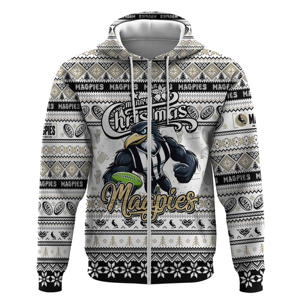 Personalized Magpies Rugby Xmas Zip Hoodie Australia AFL Mascot