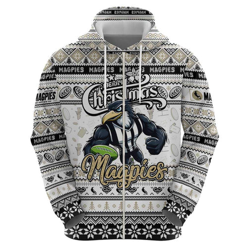Personalized Magpies Rugby Xmas Zip Hoodie Australia AFL Mascot