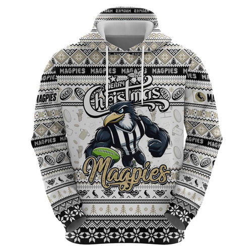 Personalized Magpies Rugby Xmas Zip Hoodie Australia AFL Mascot