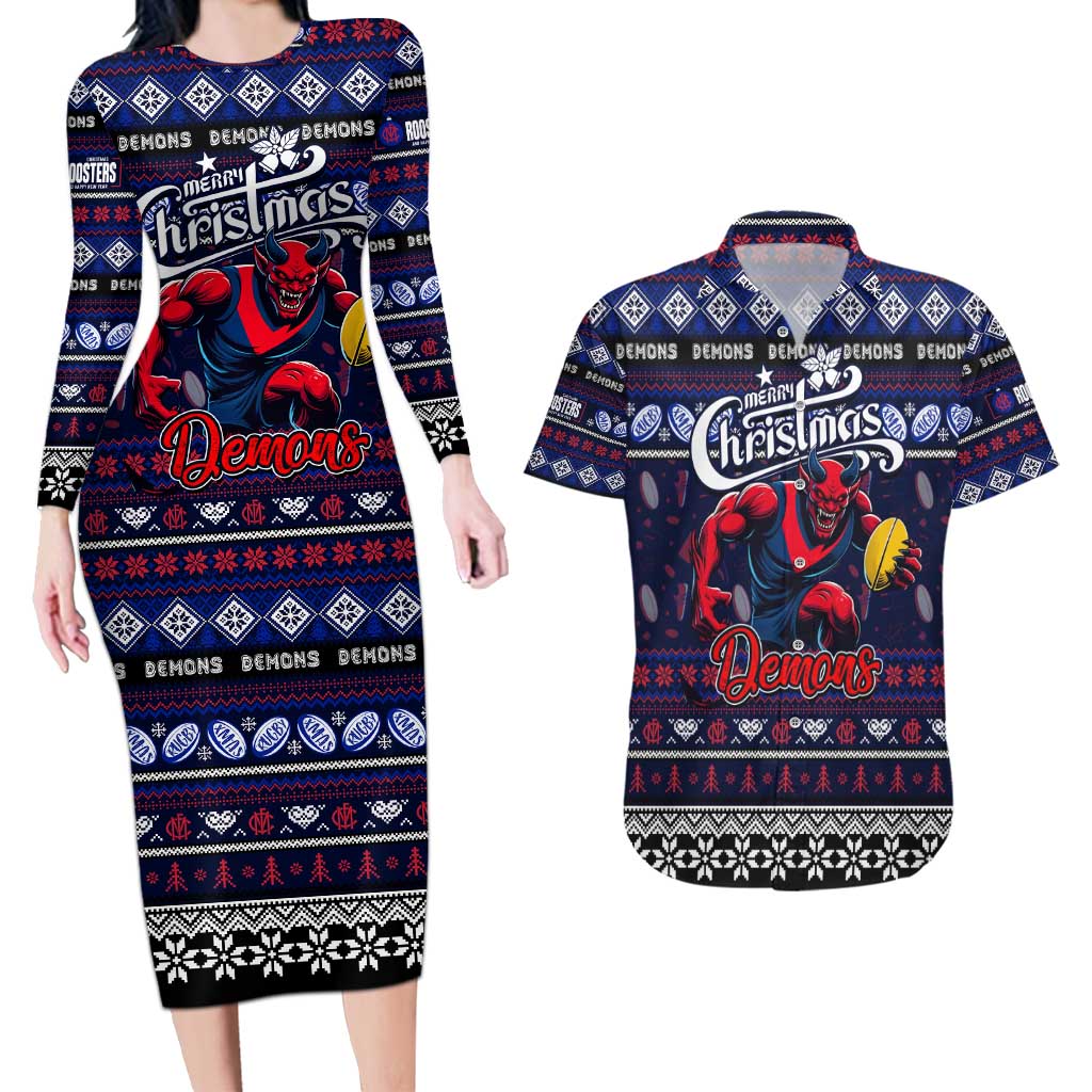 Personalized Demons Rugby Xmas Couples Matching Long Sleeve Bodycon Dress and Hawaiian Shirt Australia AFL Mascot