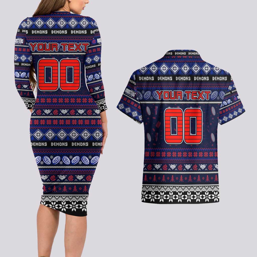Personalized Demons Rugby Xmas Couples Matching Long Sleeve Bodycon Dress and Hawaiian Shirt Australia AFL Mascot