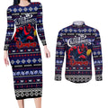 Personalized Demons Rugby Xmas Couples Matching Long Sleeve Bodycon Dress and Long Sleeve Button Shirt Australia AFL Mascot