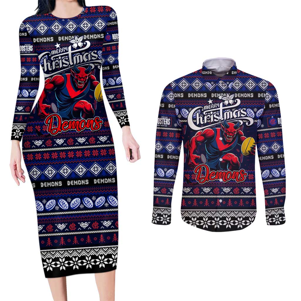 Personalized Demons Rugby Xmas Couples Matching Long Sleeve Bodycon Dress and Long Sleeve Button Shirt Australia AFL Mascot