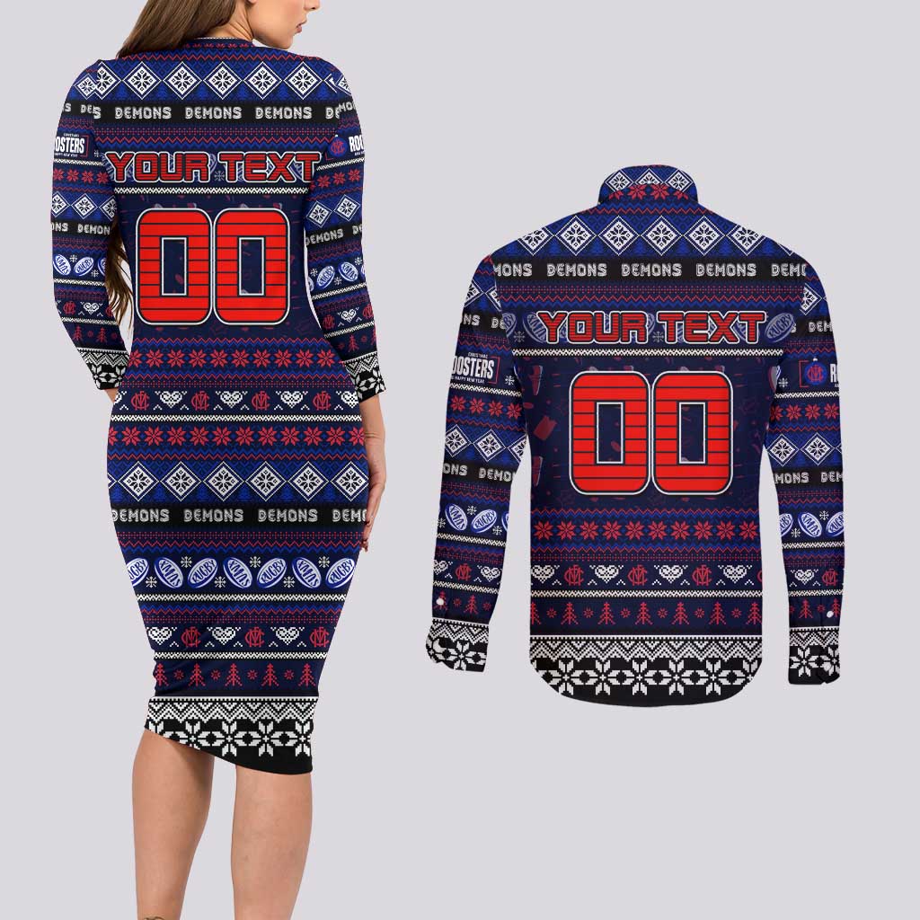 Personalized Demons Rugby Xmas Couples Matching Long Sleeve Bodycon Dress and Long Sleeve Button Shirt Australia AFL Mascot