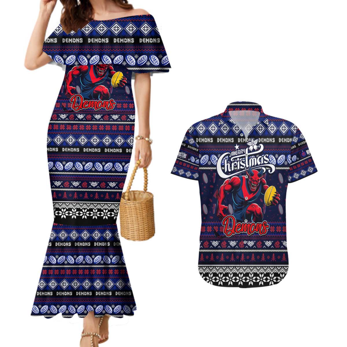 Personalized Demons Rugby Xmas Couples Matching Mermaid Dress and Hawaiian Shirt Australia AFL Mascot