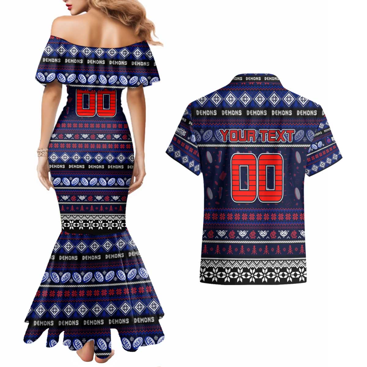 Personalized Demons Rugby Xmas Couples Matching Mermaid Dress and Hawaiian Shirt Australia AFL Mascot