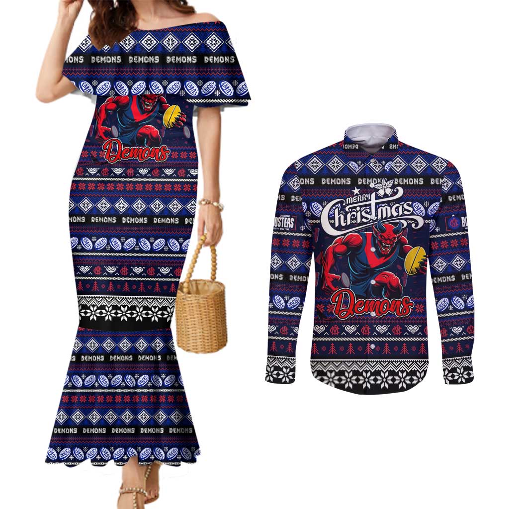 Personalized Demons Rugby Xmas Couples Matching Mermaid Dress and Long Sleeve Button Shirt Australia AFL Mascot