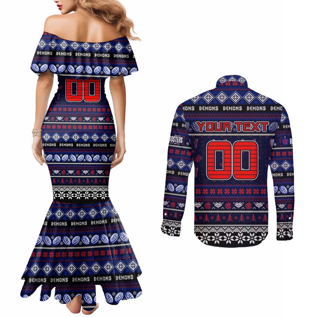 Personalized Demons Rugby Xmas Couples Matching Mermaid Dress and Long Sleeve Button Shirt Australia AFL Mascot