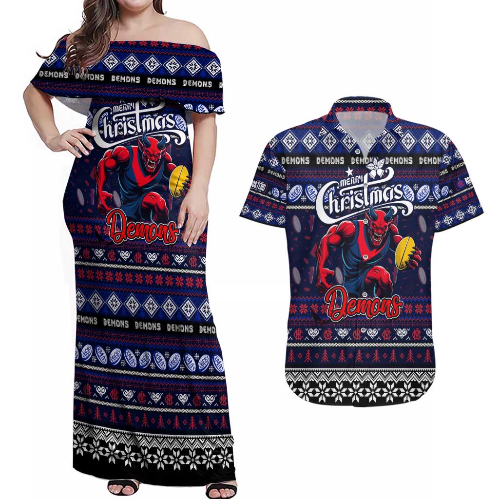 Personalized Demons Rugby Xmas Couples Matching Off Shoulder Maxi Dress and Hawaiian Shirt Australia AFL Mascot