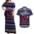 Personalized Demons Rugby Xmas Couples Matching Off Shoulder Maxi Dress and Hawaiian Shirt Australia AFL Mascot