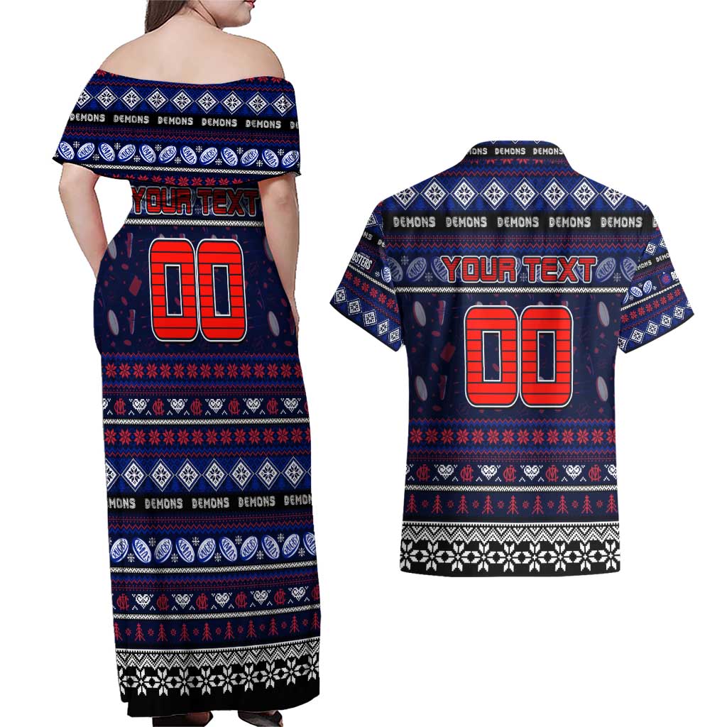 Personalized Demons Rugby Xmas Couples Matching Off Shoulder Maxi Dress and Hawaiian Shirt Australia AFL Mascot