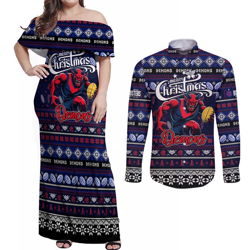 Personalized Demons Rugby Xmas Couples Matching Off Shoulder Maxi Dress and Long Sleeve Button Shirt Australia AFL Mascot